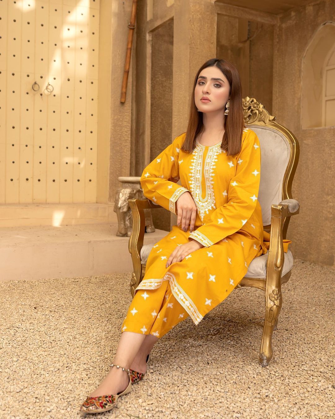 White Striper Embroidery Two Piece