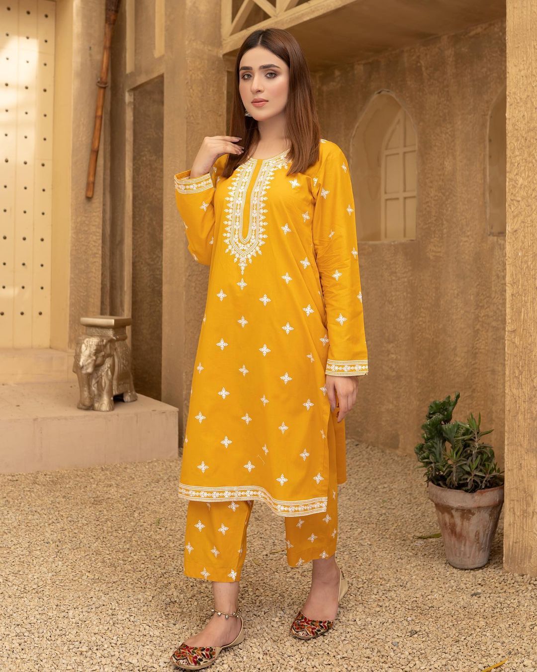 White Striper Embroidery Two Piece