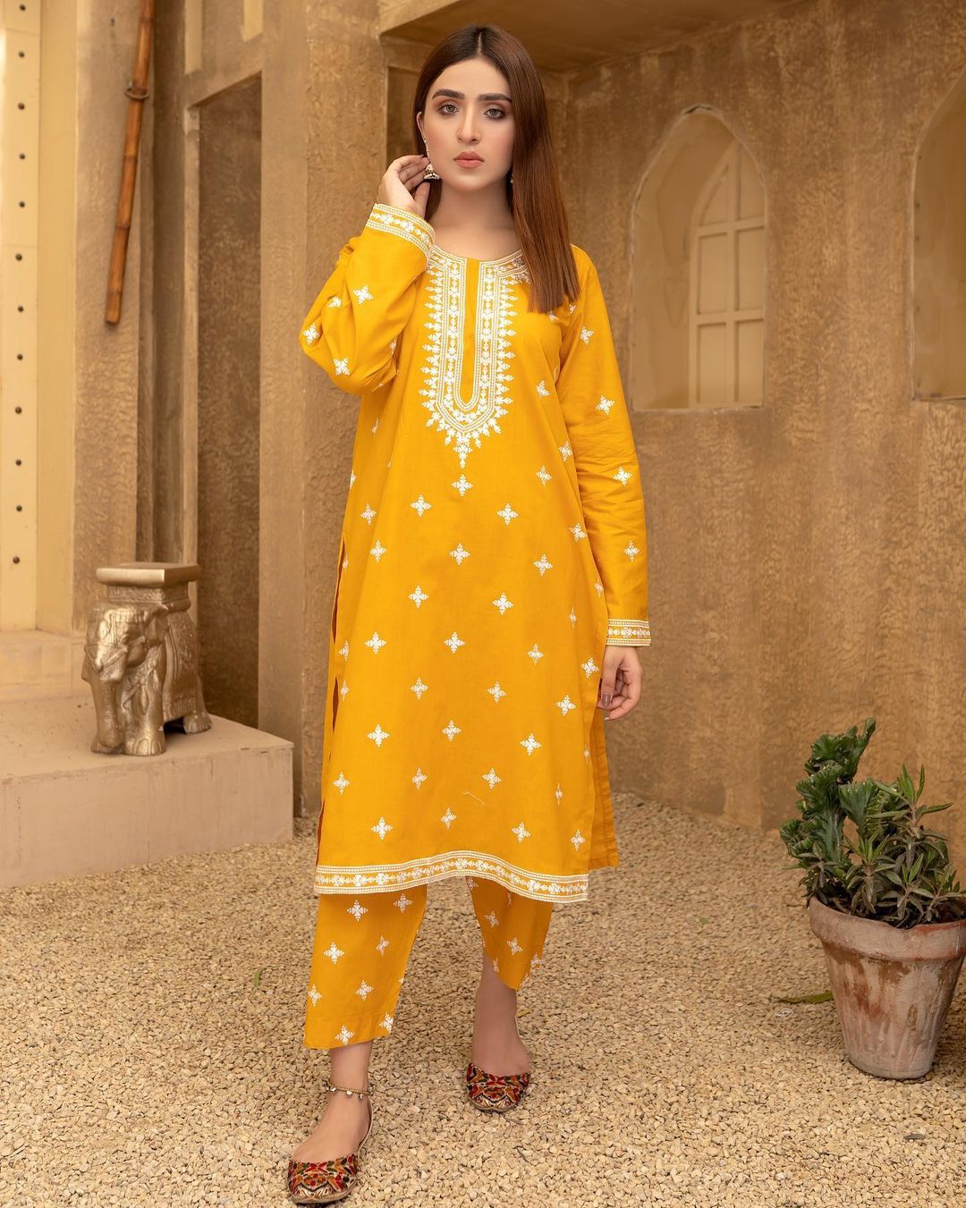 White Striper Embroidery Two Piece