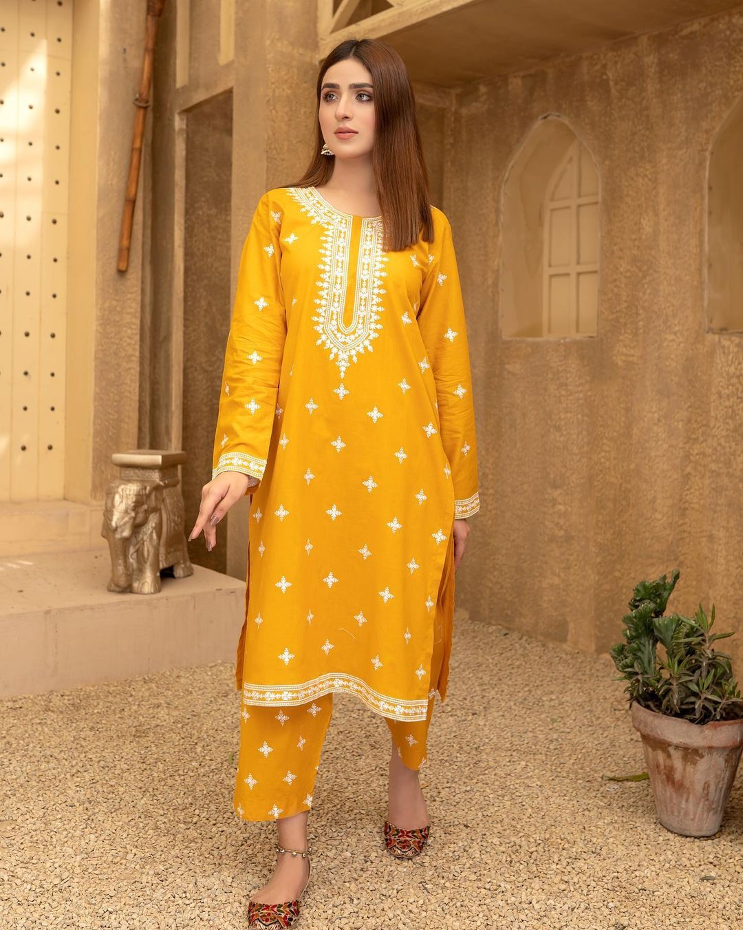 White Striper Embroidery Two Piece