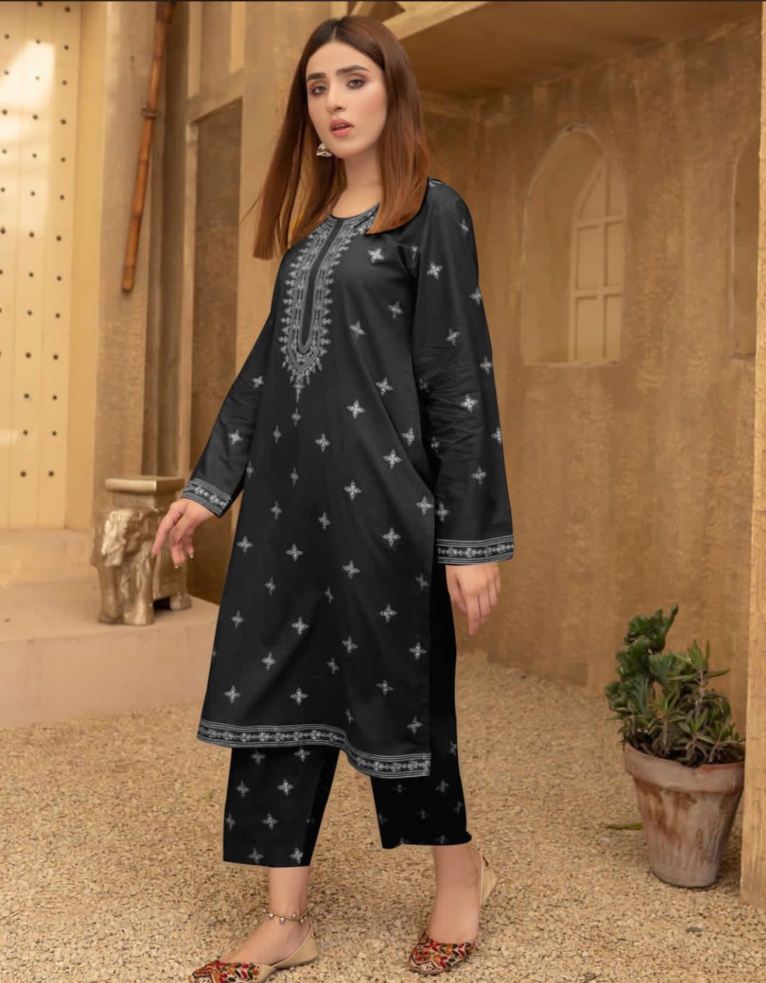 White Striper Embroidery Two Piece